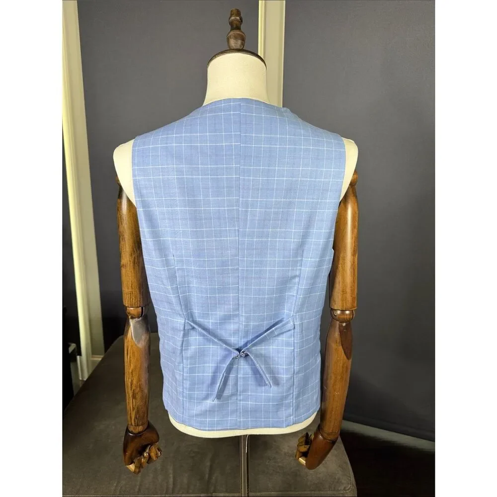 Men’s Light Blue Windowpane Double-Breasted Vest V-Neck Size 36 NWOT